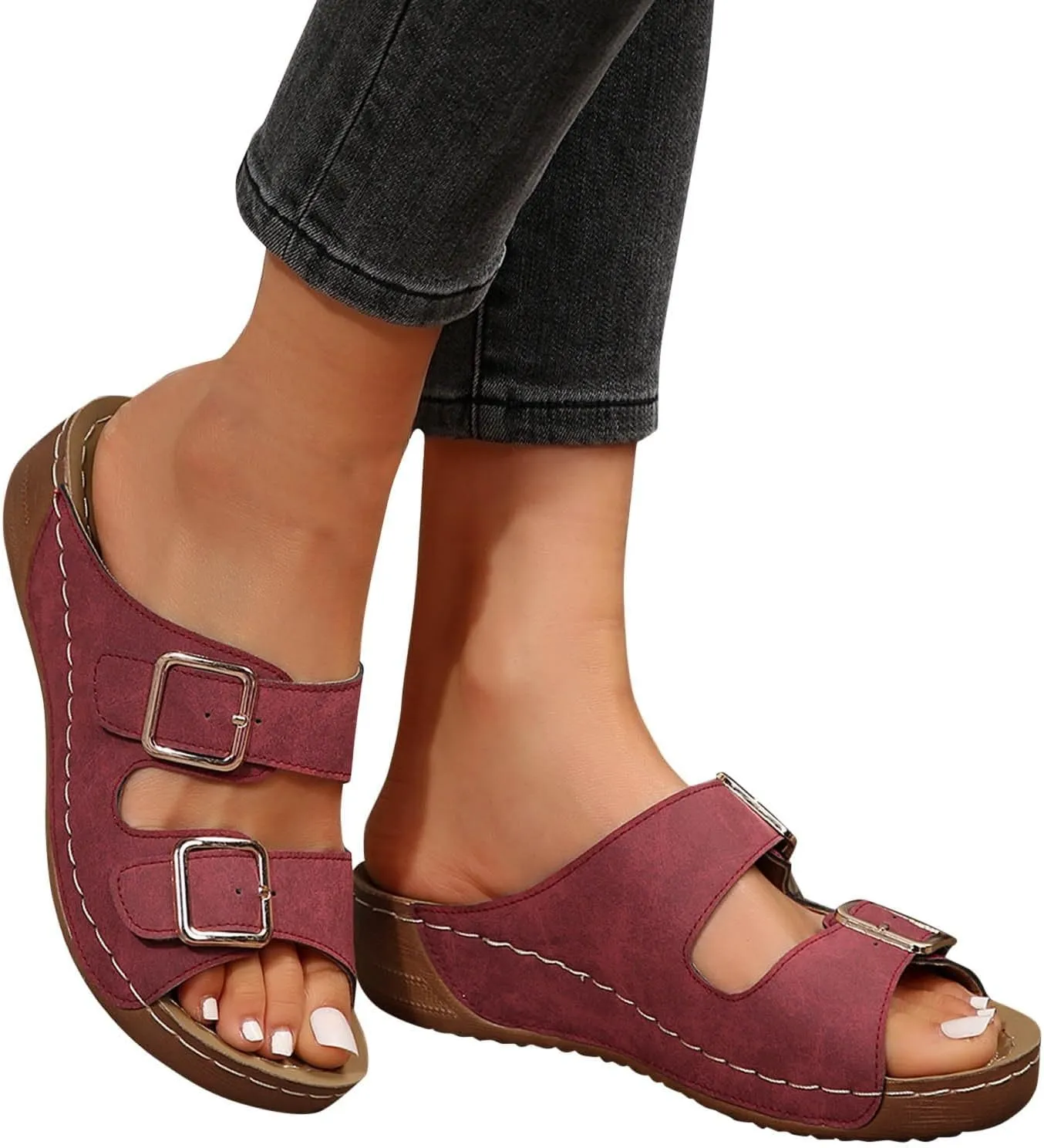 Womens Slide Sandals Cork Footbed Open Toe Adjustable Platform Sandals Comfort Slip On Slippers for Summer