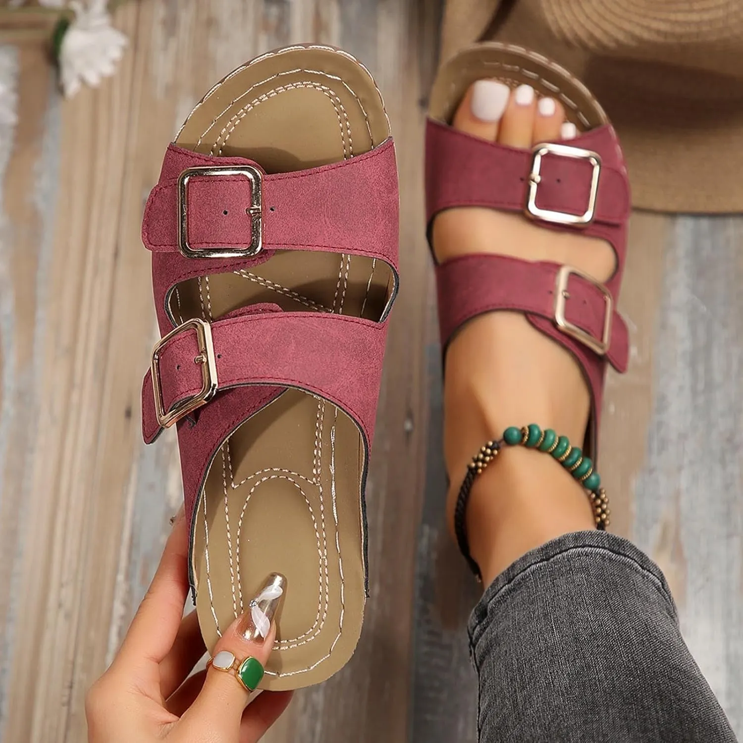 Womens Slide Sandals Cork Footbed Open Toe Adjustable Platform Sandals Comfort Slip On Slippers for Summer