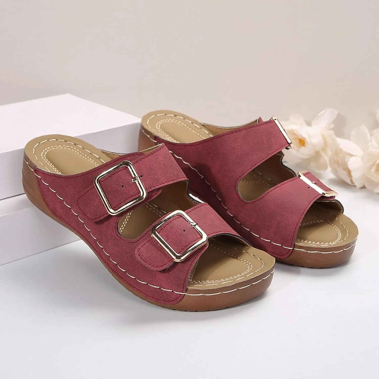 Womens Slide Sandals Cork Footbed Open Toe Adjustable Platform Sandals Comfort Slip On Slippers for Summer