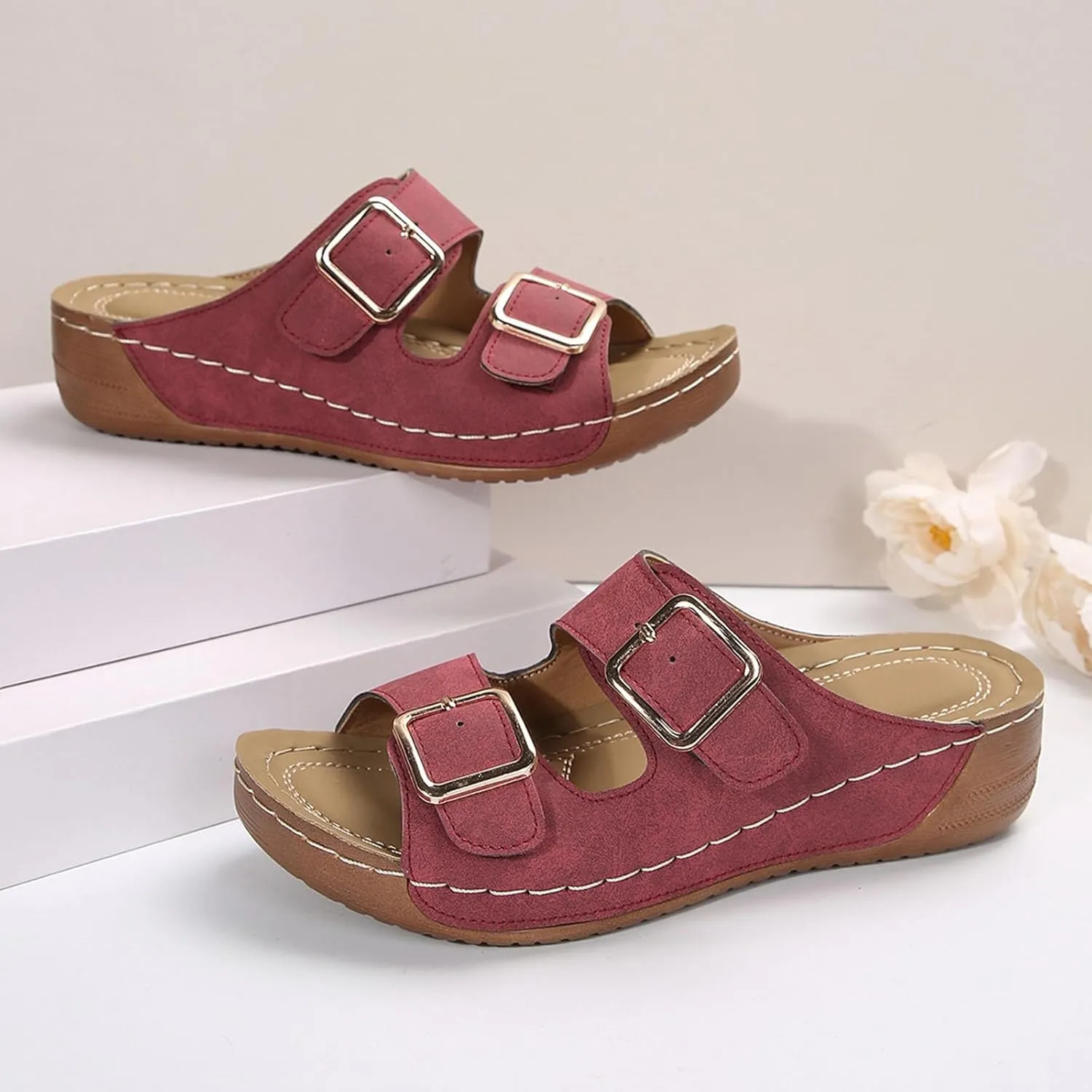 Womens Slide Sandals Cork Footbed Open Toe Adjustable Platform Sandals Comfort Slip On Slippers for Summer