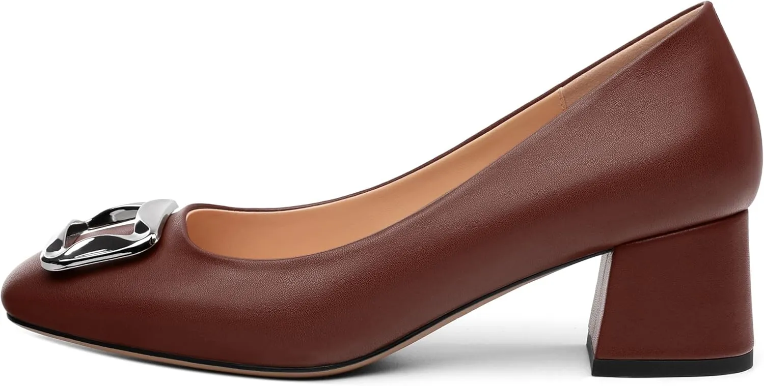 Women's Slip On Square Closed Toe Metal Buckle Matte Chunky Low Heel Pumps Comfortable Office Dress Shoes 2 Inch
