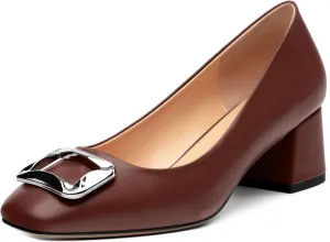 Women's Slip On Square Closed Toe Metal Buckle Matte Chunky Low Heel Pumps Comfortable Office Dress Shoes 2 Inch