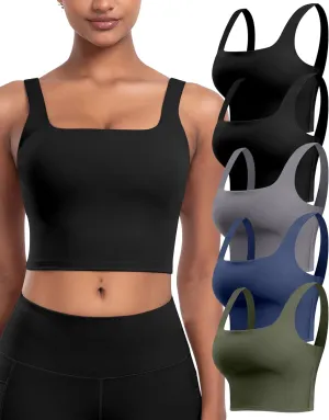 Womens Sports Bras 5 Packs - Square Neck Longline Workout Crop Tank Tops Padded Yoga Camisole with Built in Pads