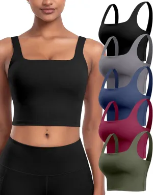 Womens Sports Bras 5 Packs - Square Neck Longline Workout Crop Tank Tops Padded Yoga Camisole with Built in Pads