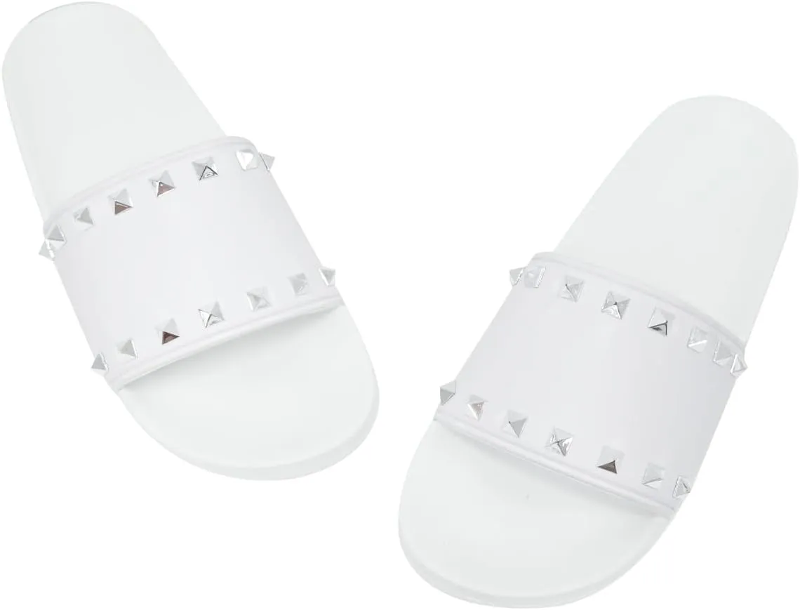 Women's Studded Flat Slippers Slip On Summer Indoor and Outdoor Slide Sandals Beach Rain Shoes