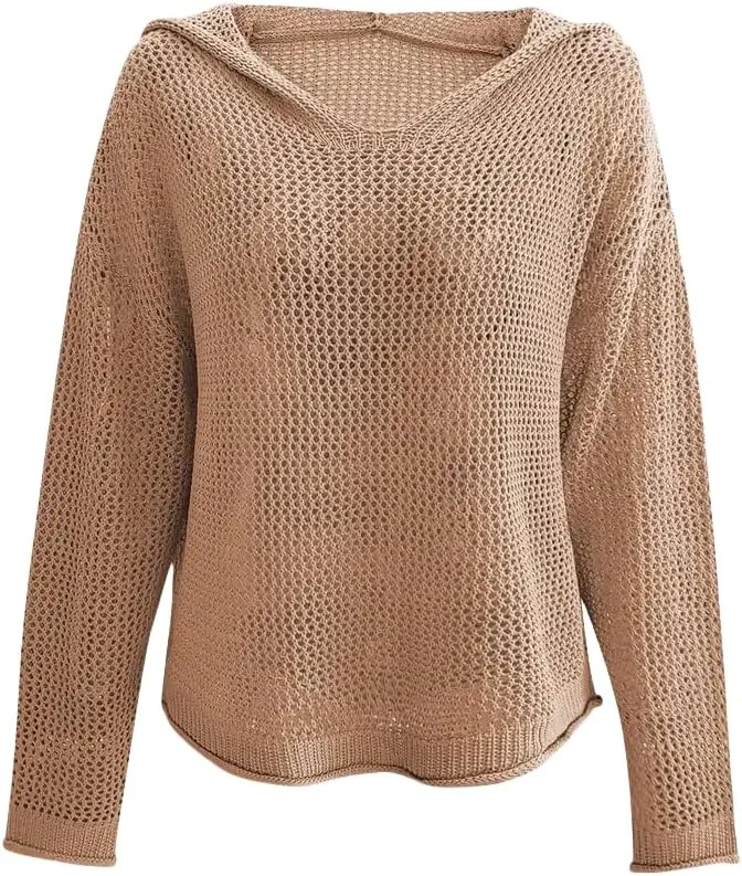 Women’s V-Neck Long Sleeve Sweaters, 2025 Spring Crochet Knit Sweaters for Women, Loose Fit Lightweight Blouse, Coral