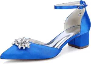 Women's Wedding Shoes Bride Satin Pointed Toe Low Heels Ankle Strap Block Heel Dress High Sandal 4.5Cm