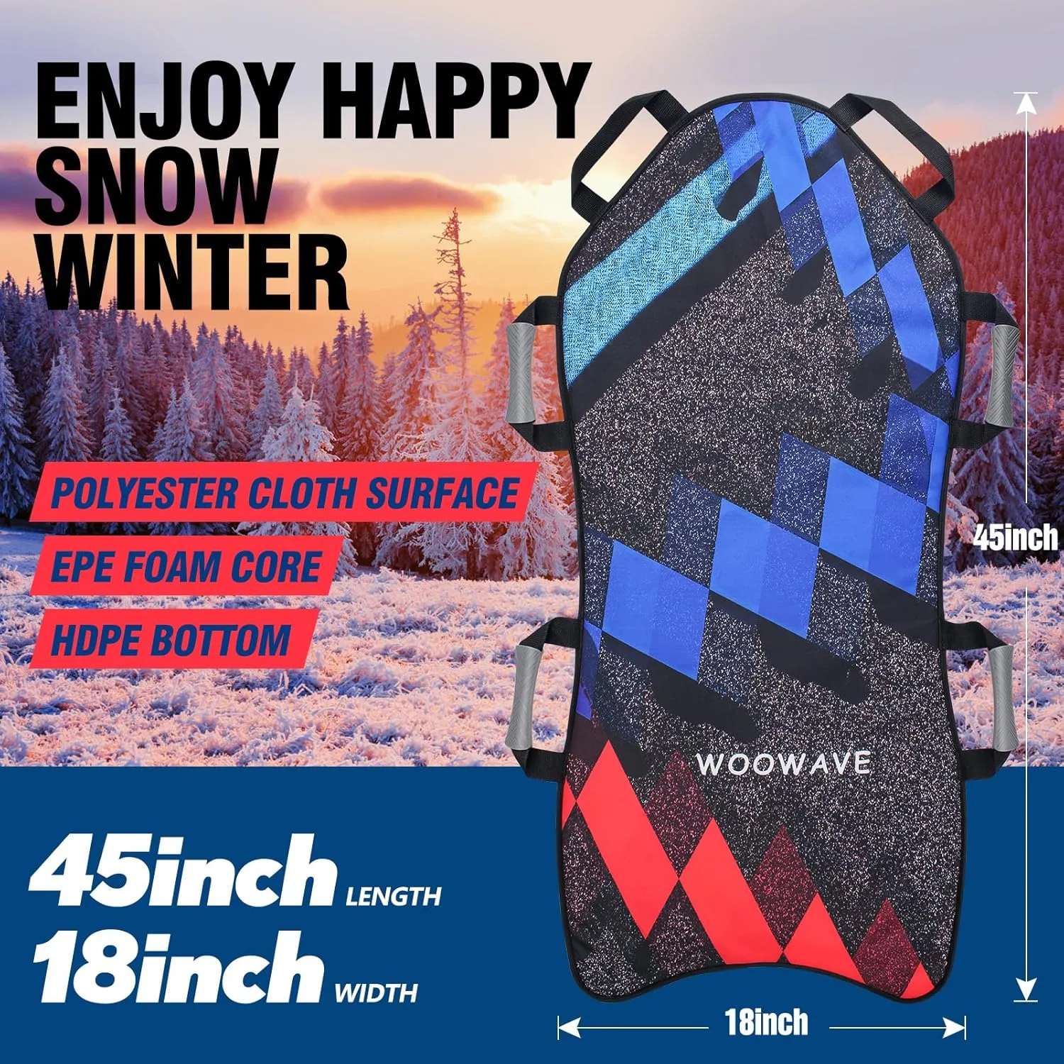 WOOWAVE 45"×18" Foldable Snow Sled，Fits 2 Children or 1 Adult，Ultra Portable, Strong and Durable, Sturdy Fabric Stitching, Handles with Steering，Kid's Winter Fun