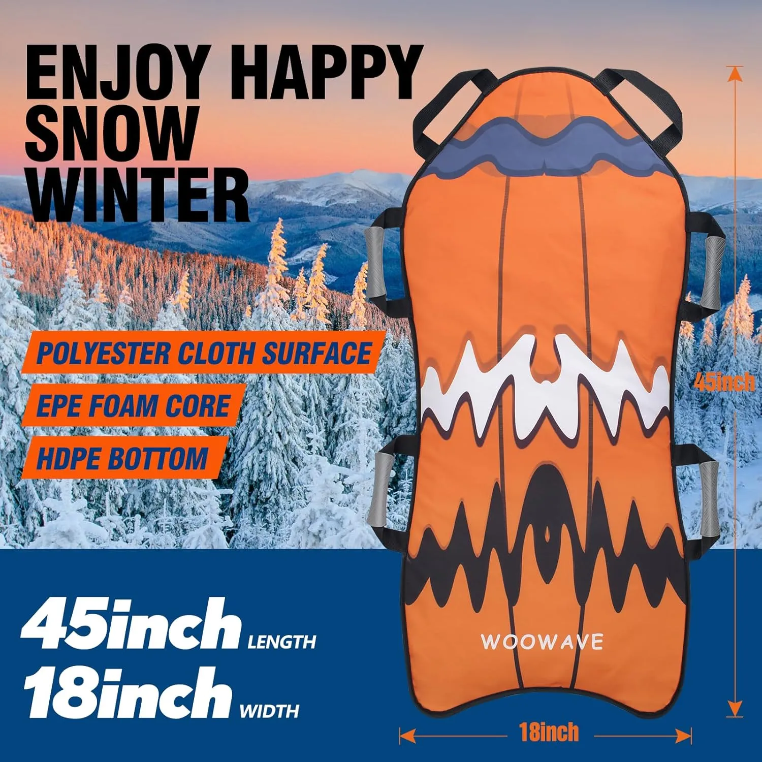 WOOWAVE 45"×18" Foldable Snow Sled，Fits 2 Children or 1 Adult，Ultra Portable, Strong and Durable, Sturdy Fabric Stitching, Handles with Steering，Kid's Winter Fun