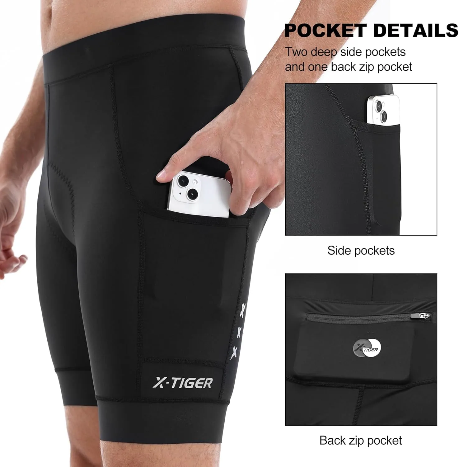 X-TIGER Bike Shorts for Men Padded Anti-Slip Leg Cycling Shorts with Zipper Pockets Mountain Bicycle Riding Road Biking
