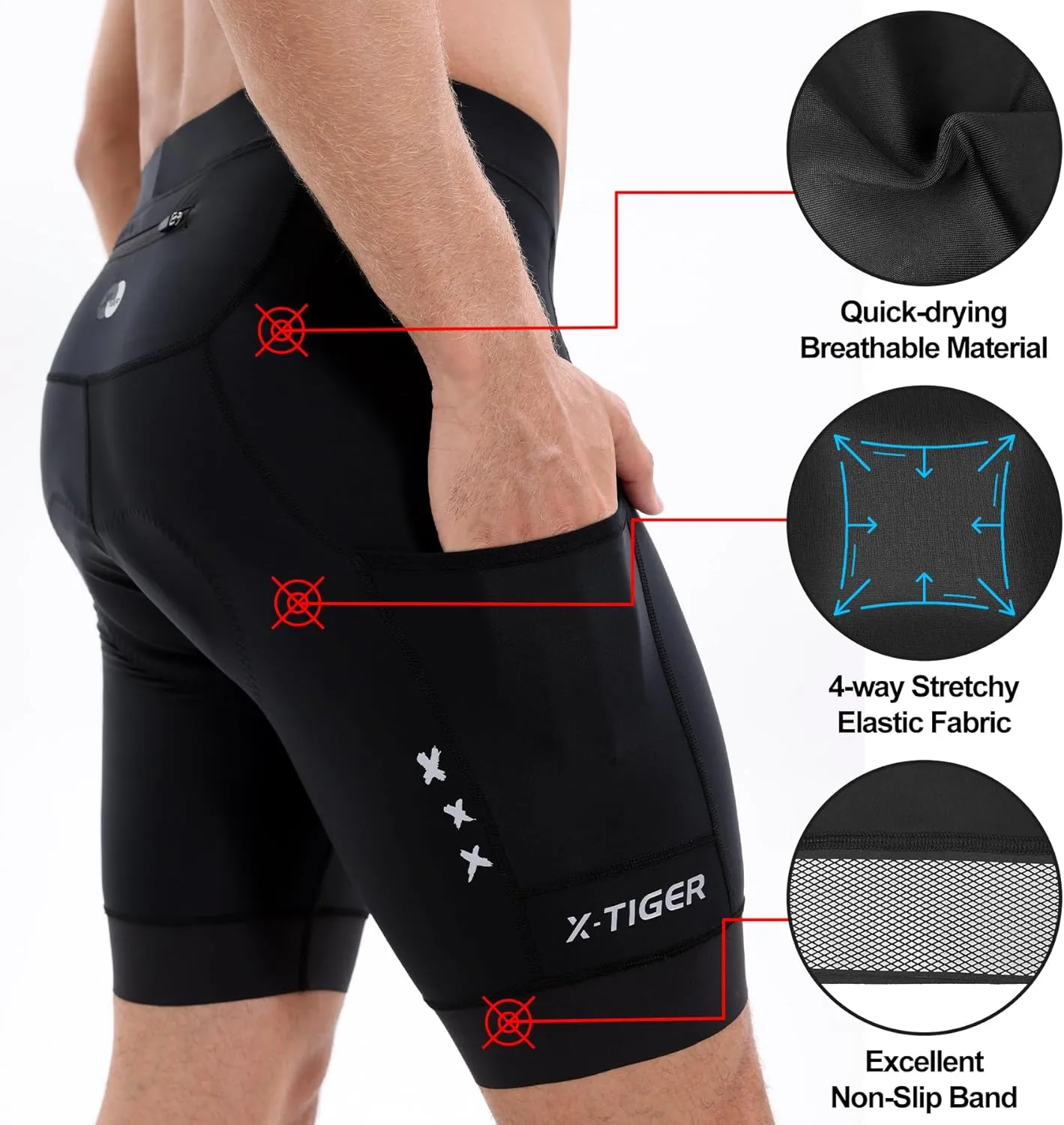 X-TIGER Bike Shorts for Men Padded Anti-Slip Leg Cycling Shorts with Zipper Pockets Mountain Bicycle Riding Road Biking