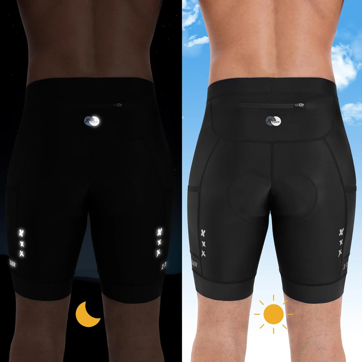 X-TIGER Bike Shorts for Men Padded Anti-Slip Leg Cycling Shorts with Zipper Pockets Mountain Bicycle Riding Road Biking