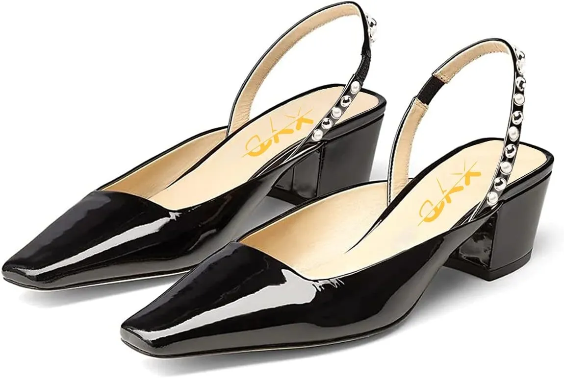 XYD Women Chunky Block Low Heels Slingback Pumps Square Closed Toe Slip On Sandal Party Dress Office Shoes