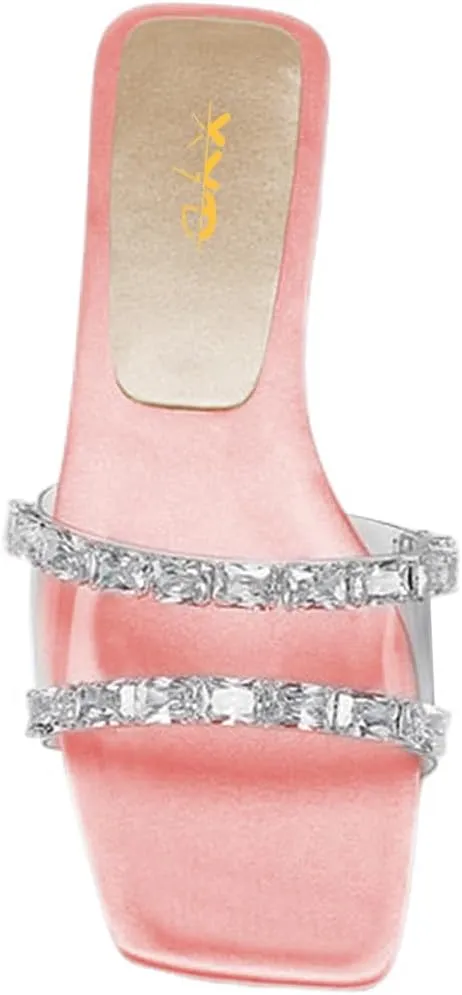 XYD Women Transparent Slides Crystals Rhinestones Flat Sandals Square Open Toe Summer Comfy Shoes