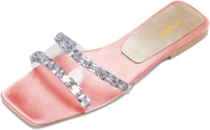 XYD Women Transparent Slides Crystals Rhinestones Flat Sandals Square Open Toe Summer Comfy Shoes