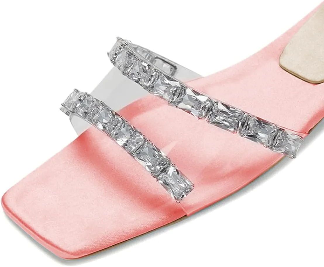 XYD Women Transparent Slides Crystals Rhinestones Flat Sandals Square Open Toe Summer Comfy Shoes
