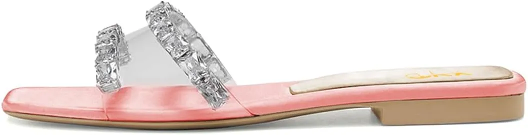 XYD Women Transparent Slides Crystals Rhinestones Flat Sandals Square Open Toe Summer Comfy Shoes