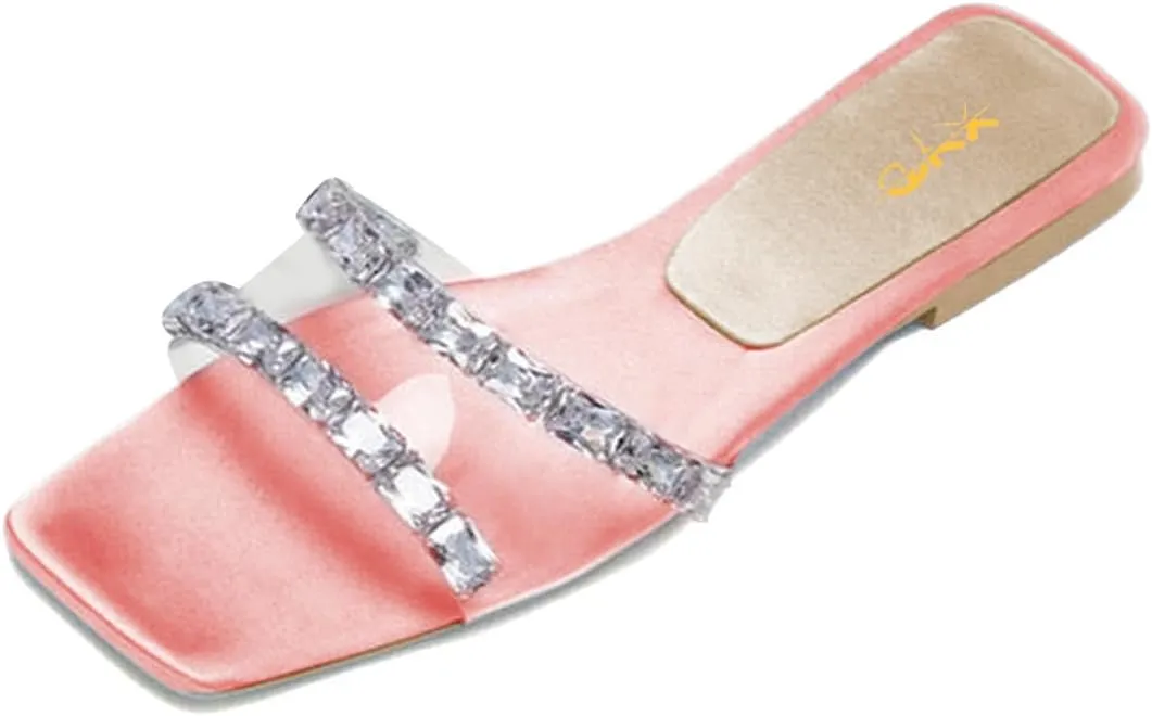 XYD Women Transparent Slides Crystals Rhinestones Flat Sandals Square Open Toe Summer Comfy Shoes