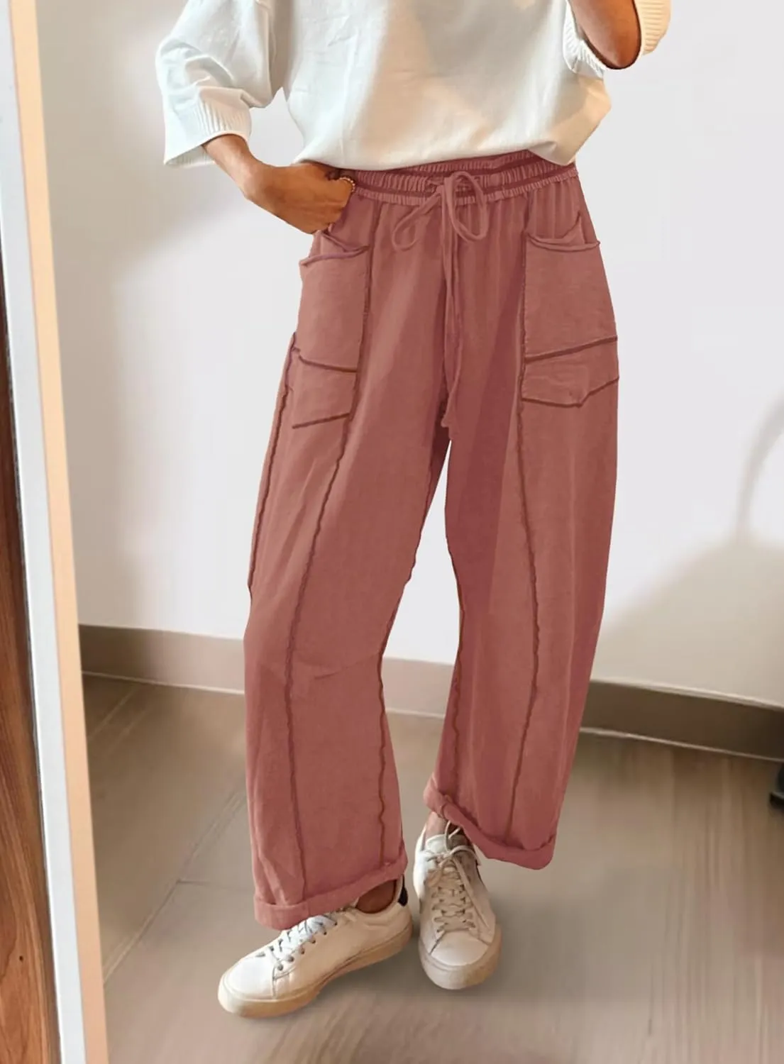 Yanekop Womens Baggy Wide Leg Pants Casual Summer Palazzo Pants Drawstring Waist Lounge Pants with Pockets