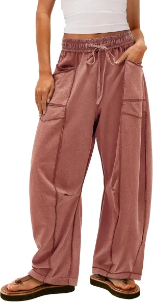Yanekop Womens Baggy Wide Leg Pants Casual Summer Palazzo Pants Drawstring Waist Lounge Pants with Pockets