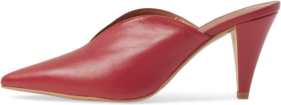 YDN Women's Cone Heel Pointed Toe Slide Mules Slip on V Cut Leather Slide Sandals Clog Dress Shoe Size 4-15 US