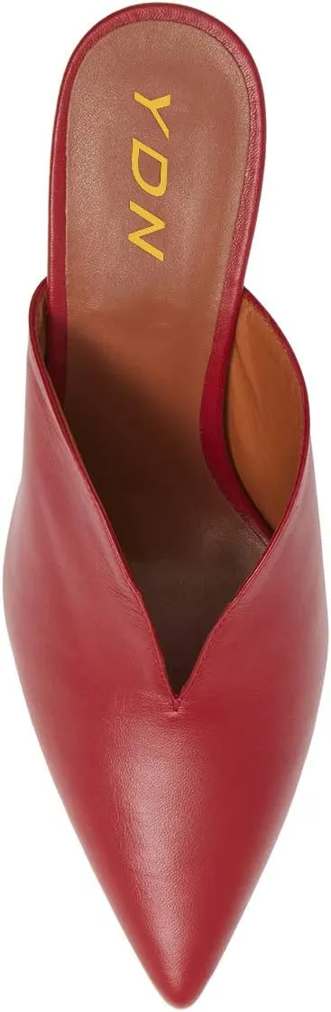 YDN Women's Cone Heel Pointed Toe Slide Mules Slip on V Cut Leather Slide Sandals Clog Dress Shoe Size 4-15 US