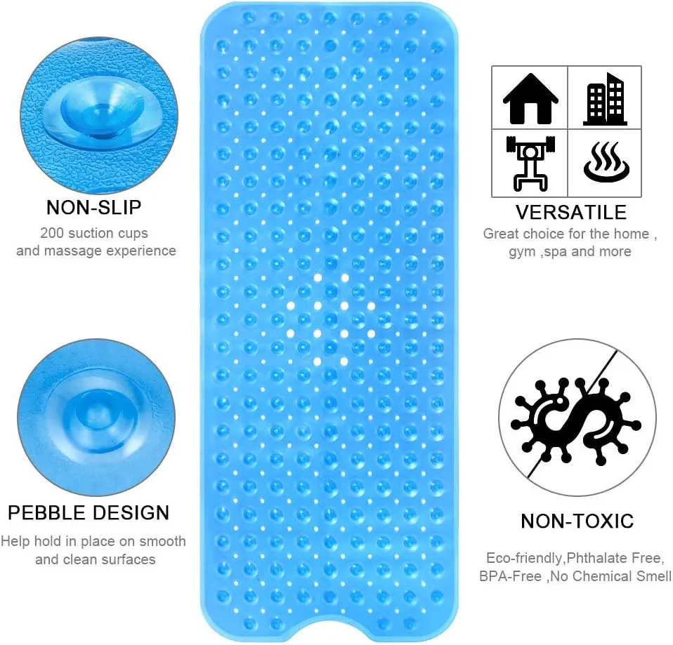 YINENN Bath and Shower Safety Mats 40x16 inch, Non Slip with Suction Cups for Bathroom Stall and Tub Floor, Extra Large and Machine Washable, Drain Holes Keep Bathtub Clean, Blue