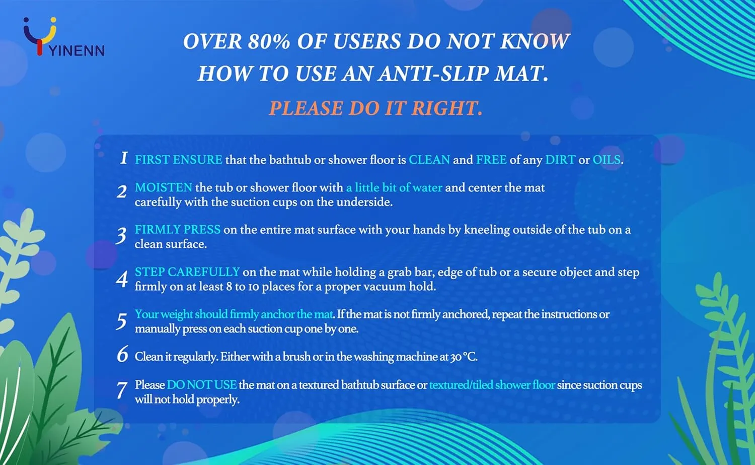 YINENN Bath and Shower Safety Mats 40x16 inch, Non Slip with Suction Cups for Bathroom Stall and Tub Floor, Extra Large and Machine Washable, Drain Holes Keep Bathtub Clean, Blue