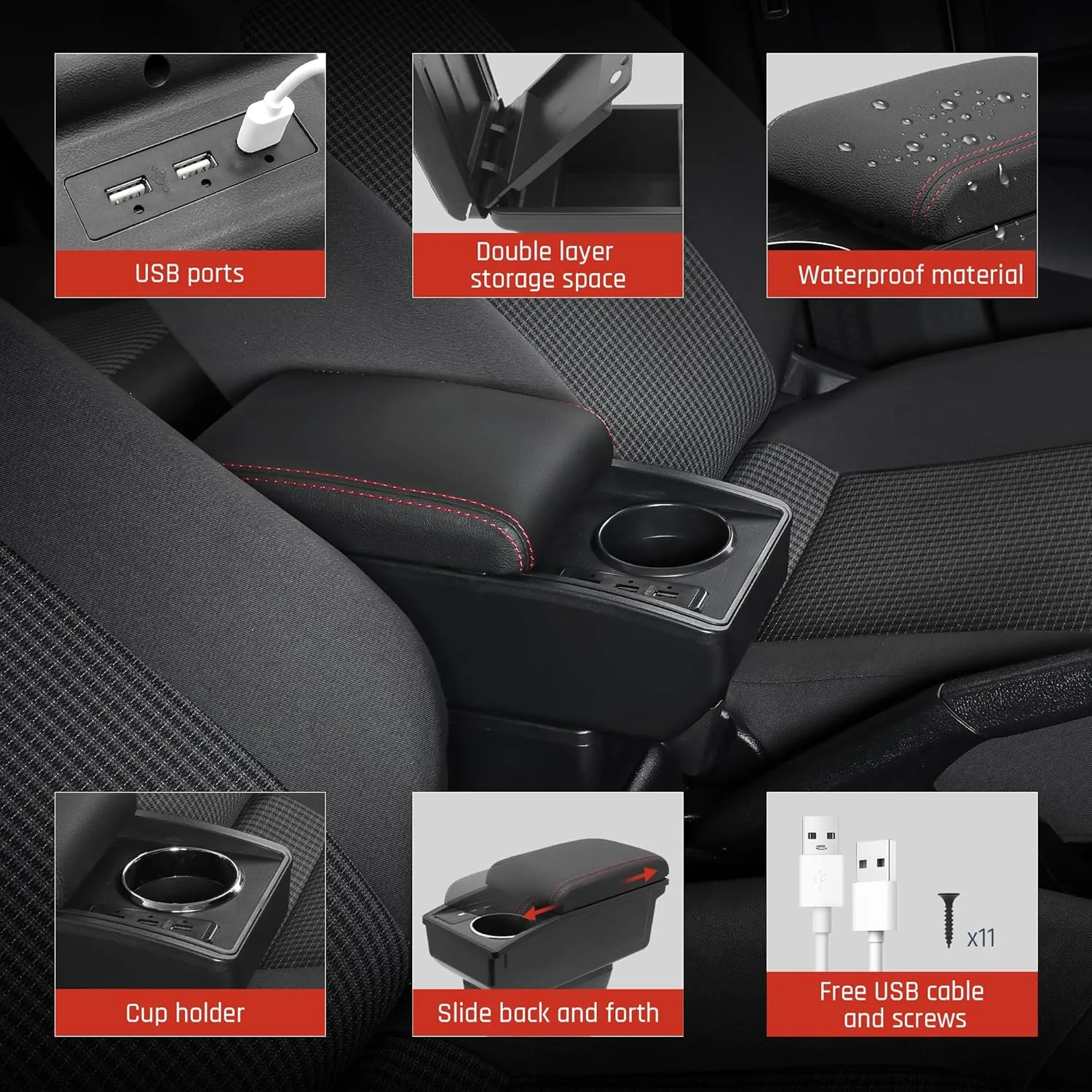 YJYWZH Car Armrest Storage Box for Mitsubishi Mirage Attrage 2014-2024 Double Layer Car Center Console Organizer Armrest Box with 6 USB Ports and Cup Holder Car Interior Accessories (Red Thread)