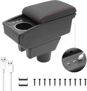YJYWZH Car Armrest Storage Box for Mitsubishi Mirage Attrage 2014-2024 Double Layer Car Center Console Organizer Armrest Box with 6 USB Ports and Cup Holder Car Interior Accessories (Red Thread)