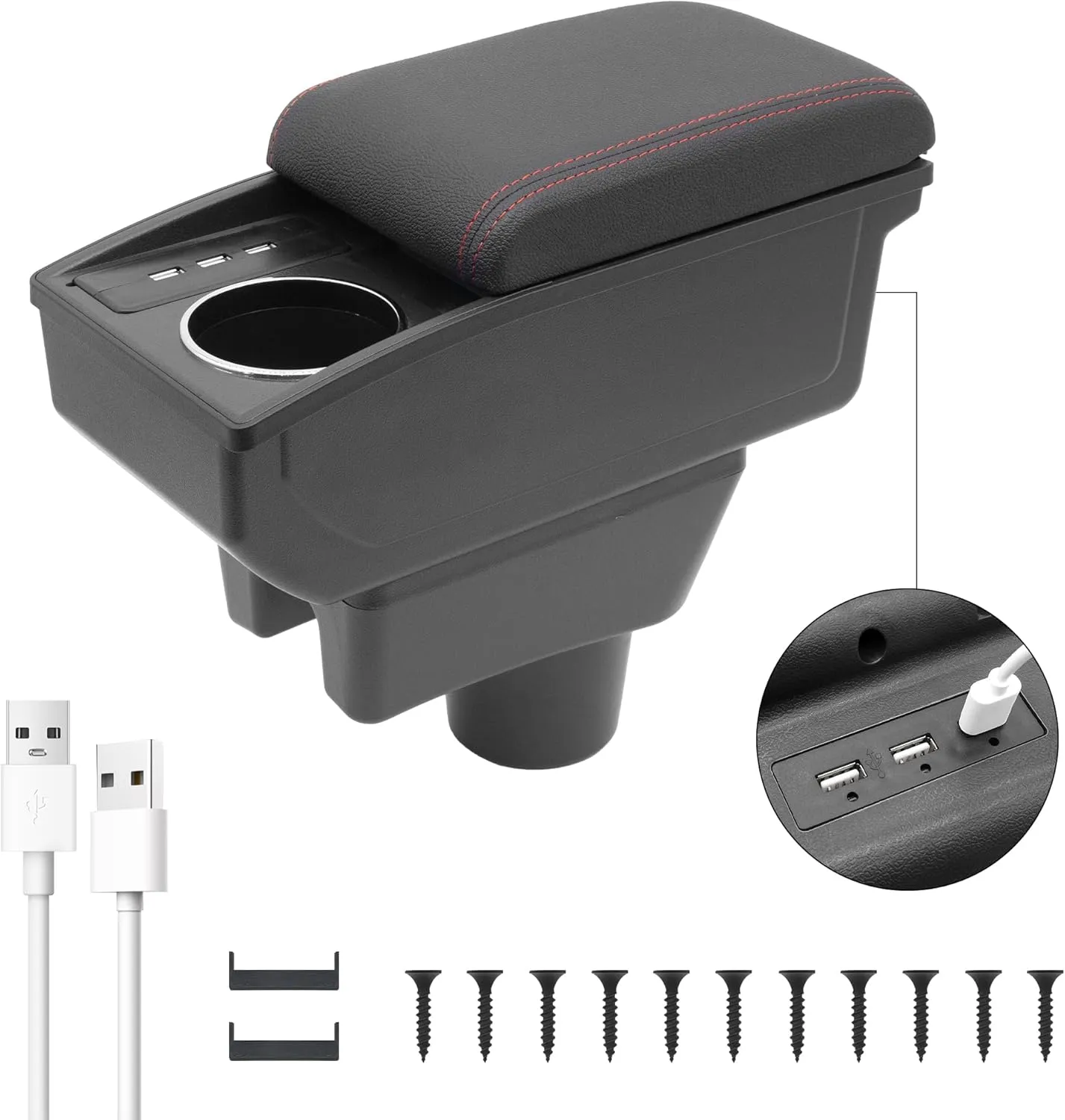 YJYWZH Car Armrest Storage Box for Mitsubishi Mirage Attrage 2014-2024 Double Layer Car Center Console Organizer Armrest Box with 6 USB Ports and Cup Holder Car Interior Accessories (Red Thread)