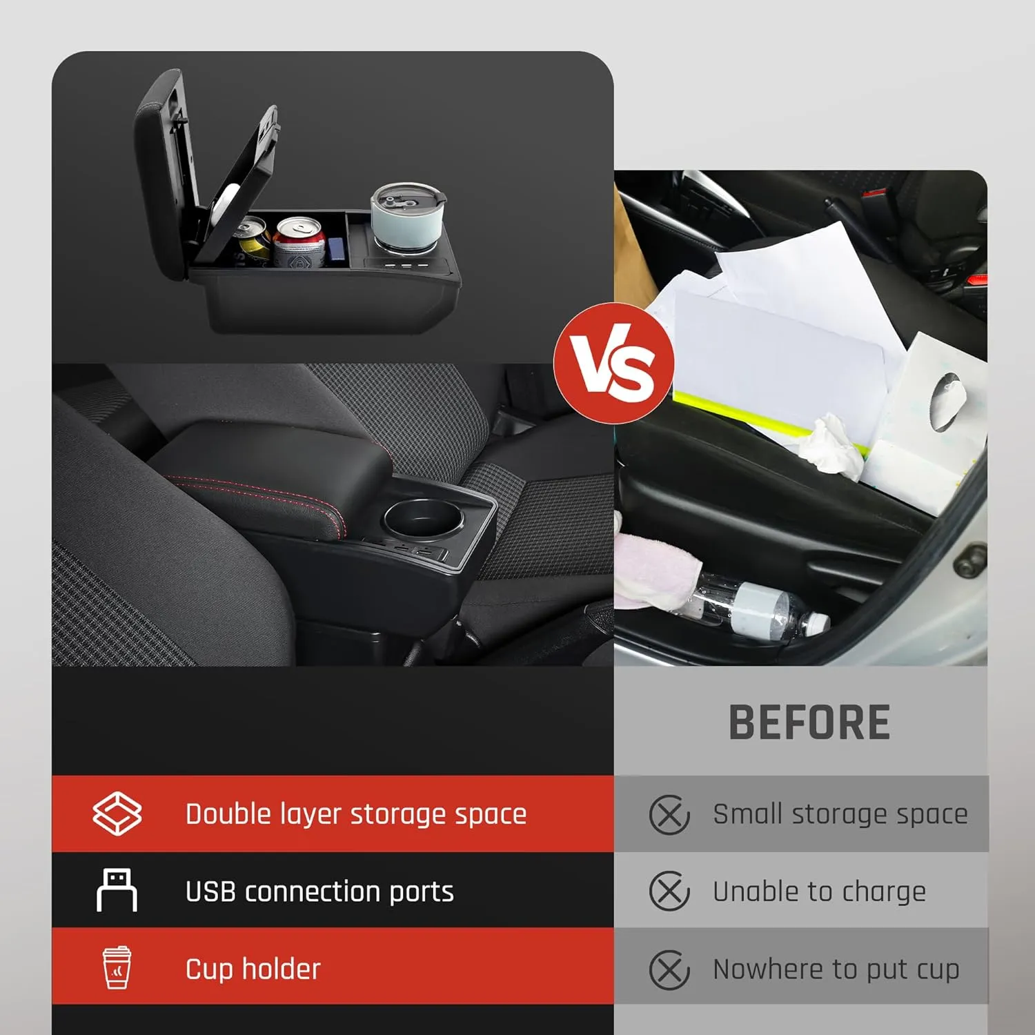 YJYWZH Car Armrest Storage Box for Mitsubishi Mirage Attrage 2014-2024 Double Layer Car Center Console Organizer Armrest Box with 6 USB Ports and Cup Holder Car Interior Accessories (Red Thread)