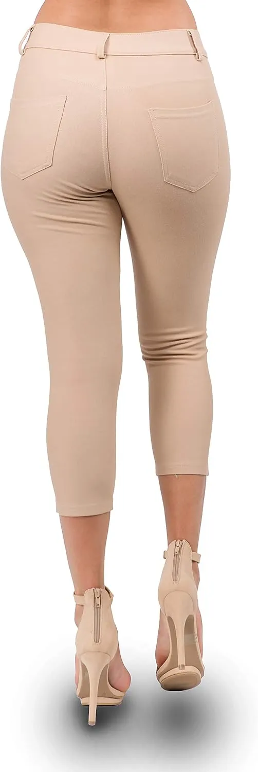 Ylluo Women's Jeggings with Pockets - Skinny Fit Denim Look - High Waisted Stretchy Pull On Pants - Full-Length & Capri
