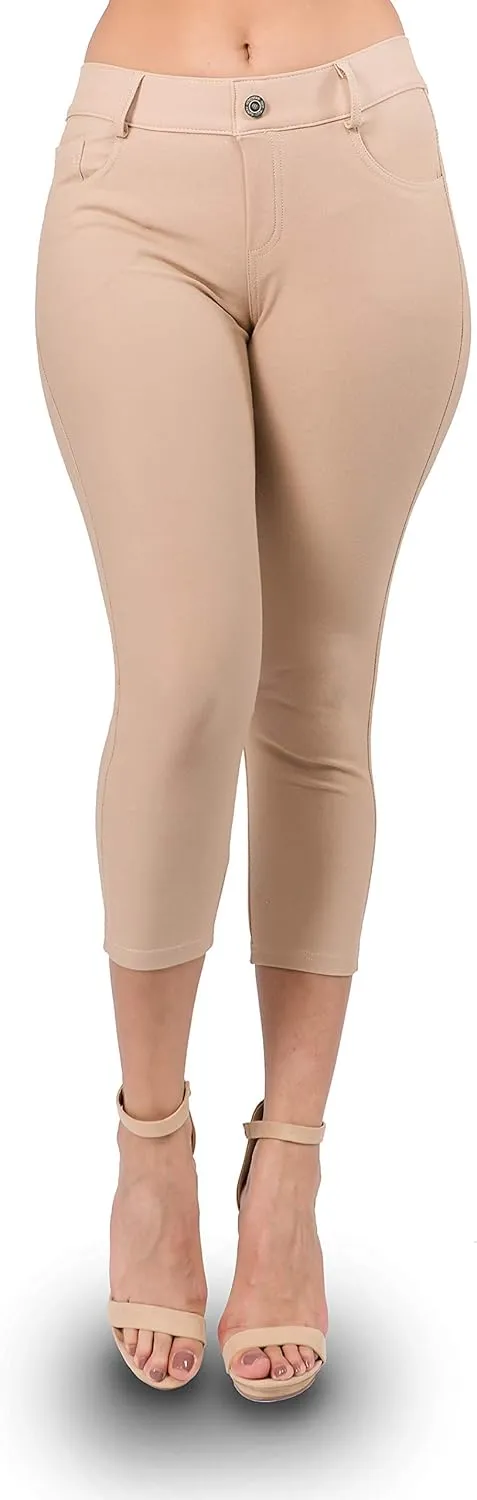 Ylluo Women's Jeggings with Pockets - Skinny Fit Denim Look - High Waisted Stretchy Pull On Pants - Full-Length & Capri