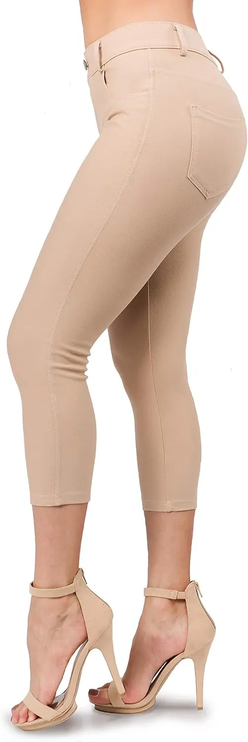 Ylluo Women's Jeggings with Pockets - Skinny Fit Denim Look - High Waisted Stretchy Pull On Pants - Full-Length & Capri