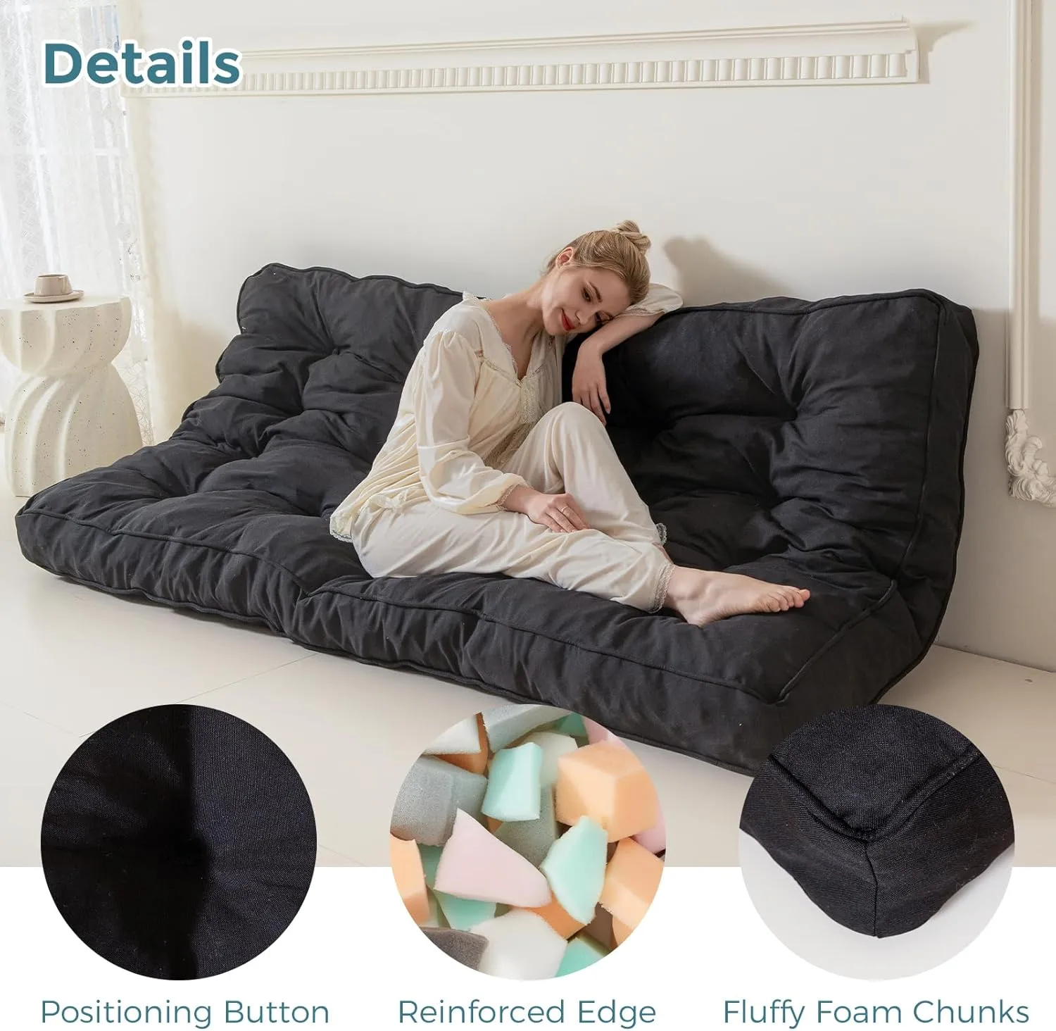 YOSHOOT 6 Inches Futon Mattress Full Size, Thick Futons Sofa Couch Bed, Floor Mattress for Adults, Shredded Foam Filling, Medium Firm(Frame Not Included), Black(54"x75")