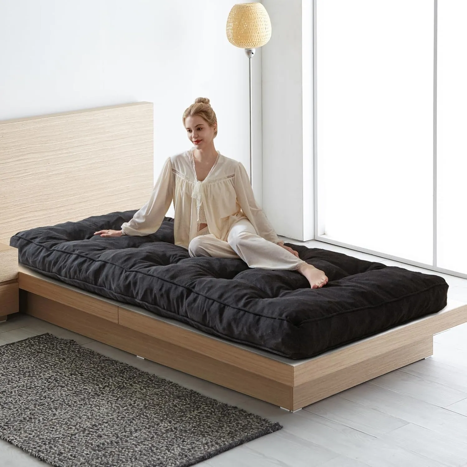 YOSHOOT 6 Inches Futon Mattress Full Size, Thick Futons Sofa Couch Bed, Floor Mattress for Adults, Shredded Foam Filling, Medium Firm(Frame Not Included), Black(54"x75")