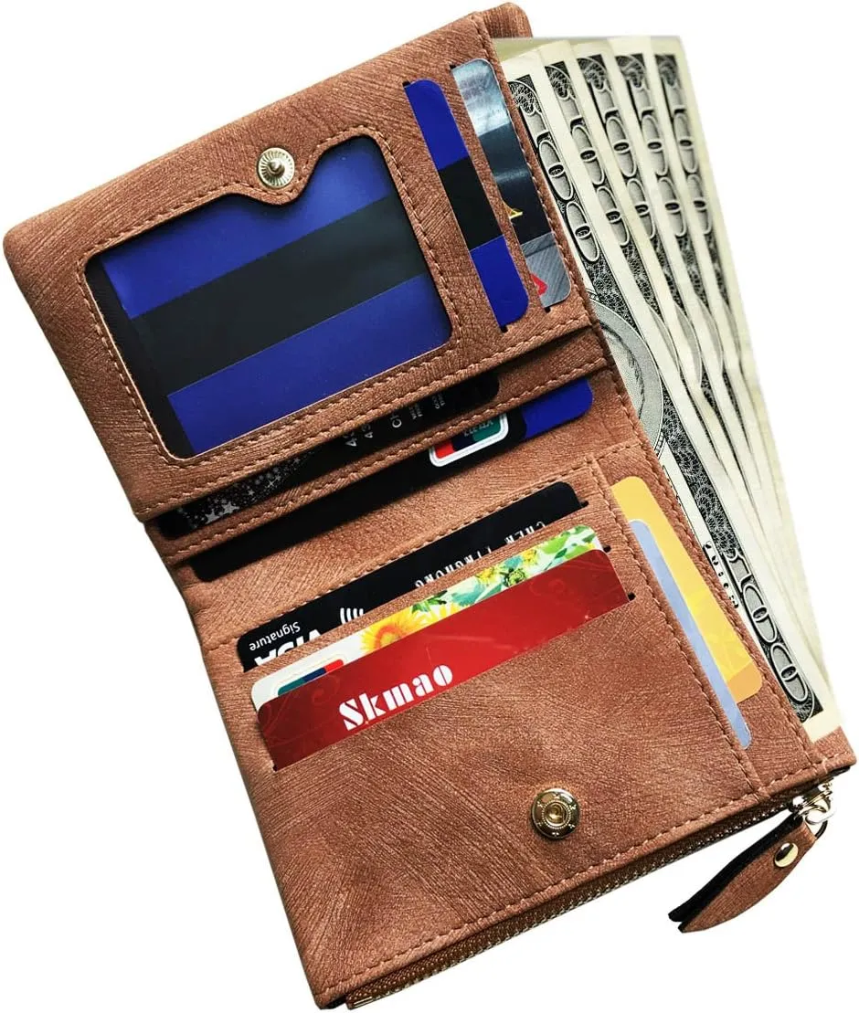 YOTOO TOPKULL Womens Wallets Bifold Leather Small Wallets for Women Mini Rfid Thin Billfolds Ladies Wallets Slim Compact with Zipper Coin Pocket (Dark brown)
